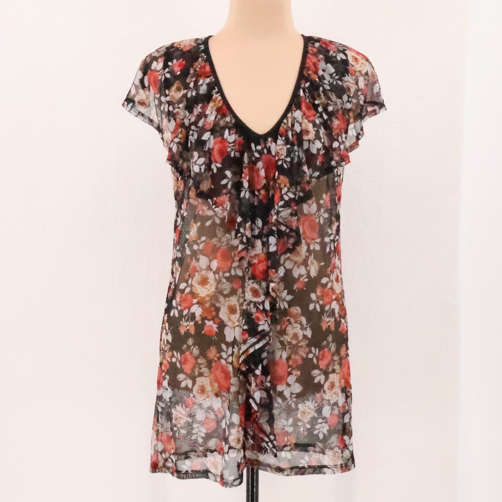 Wilde Floral Mesh Ruffle Tunic Top Womens Size 1X Black Sheer Fairy Grunge  Boho